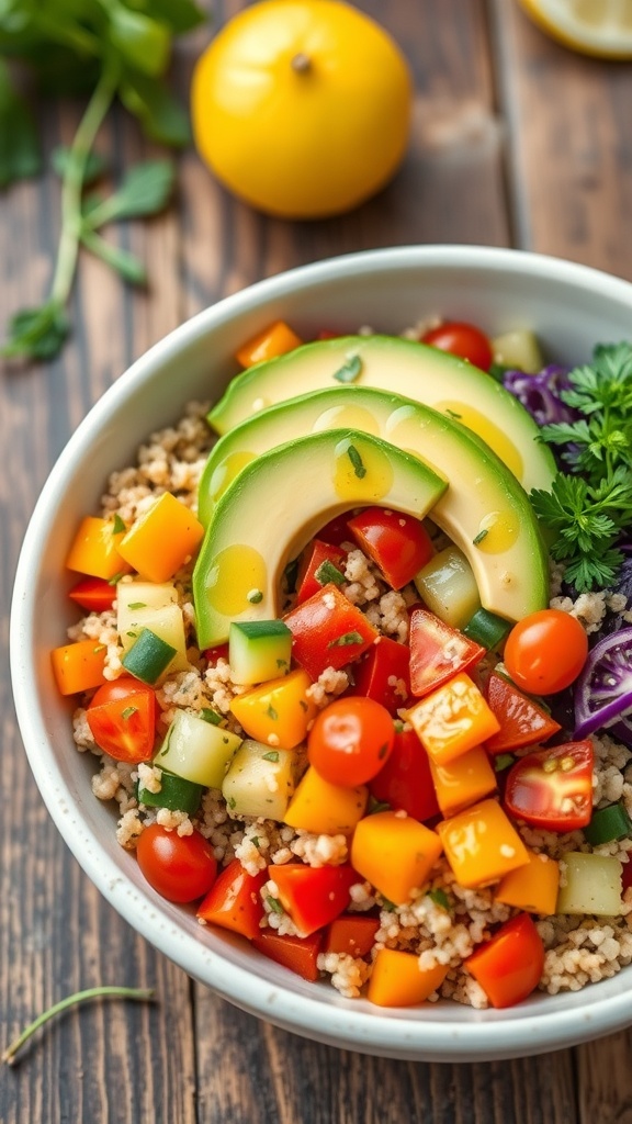 A healthy vegan quinoa bowl with colorful vegetables and avocado on a wooden table.